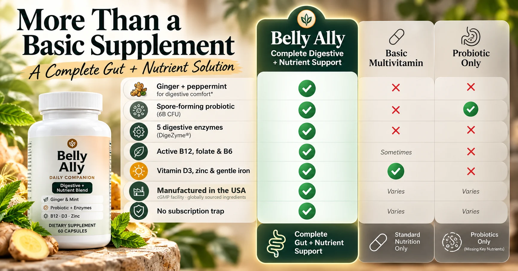 Comparison: Belly Ally vs a basic multivitamin vs a probiotic-only supplement