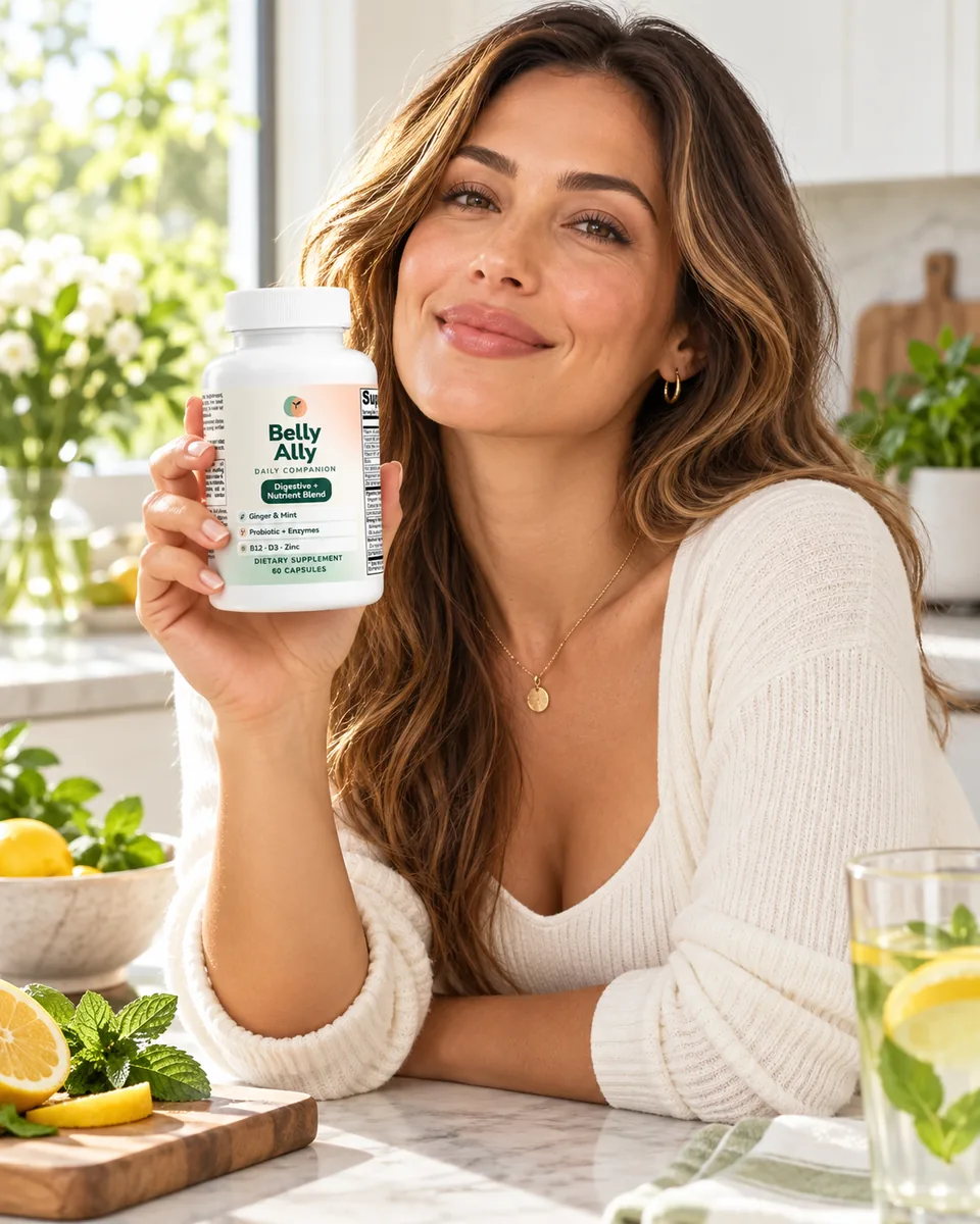 Smiling at the kitchen table with a bottle of Belly Ally