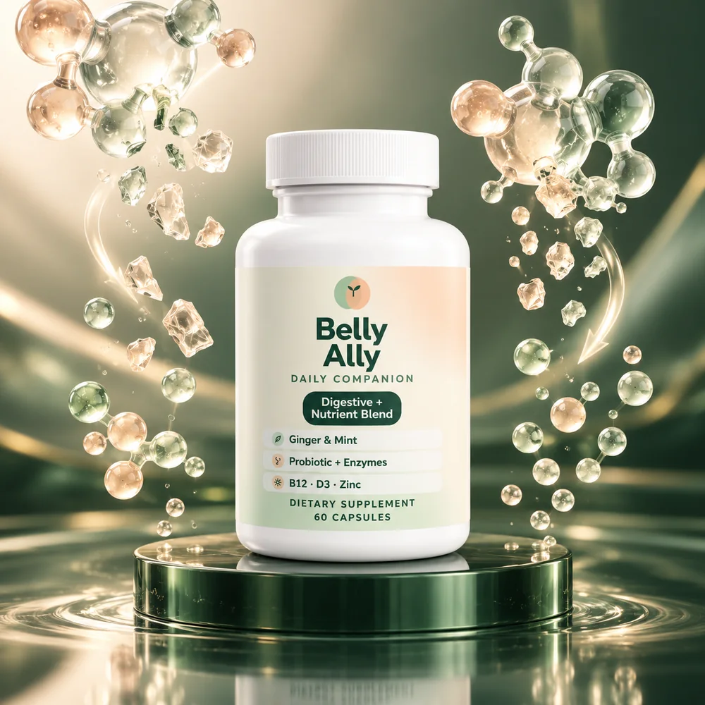 Belly Ally bottle surrounded by glass molecule shapes